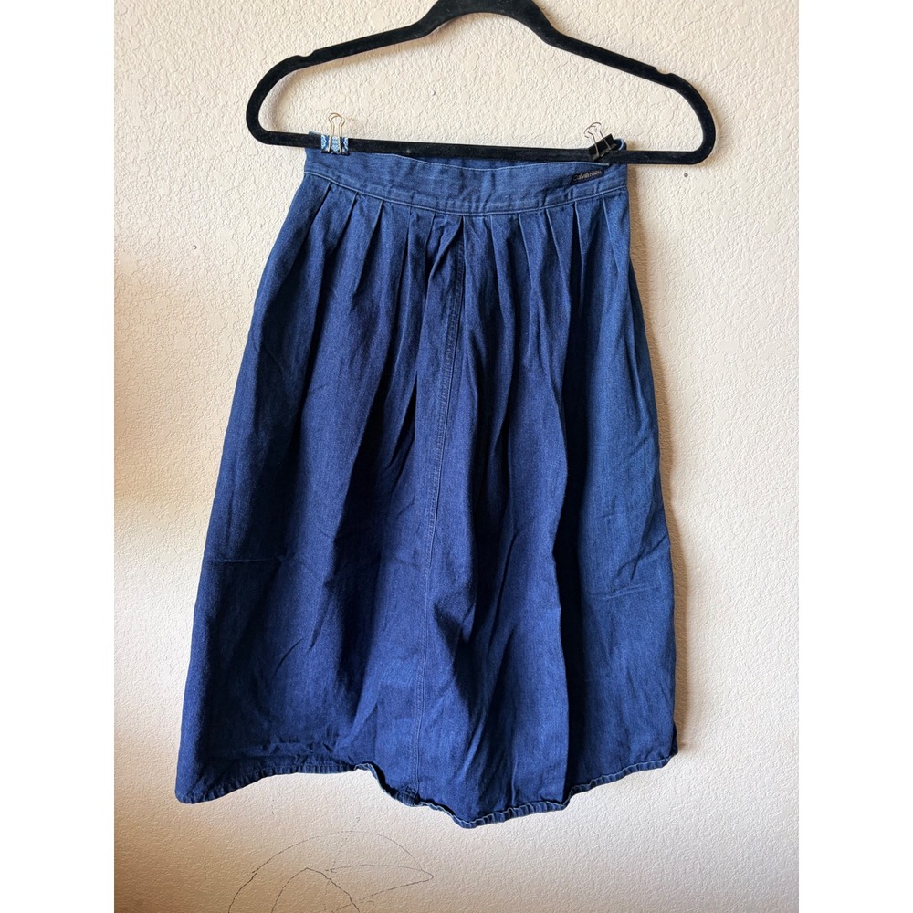 Vtg Calvin Klein Denim Midi 24in Skirt Blue Pleated High Waist Made in Japan 6 - Picture 6 of 9